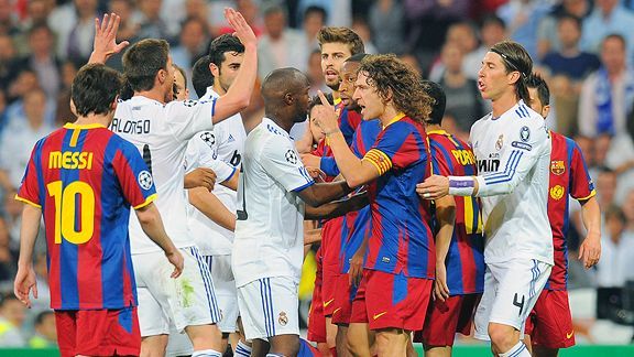 Vintage Real Madrid and Barcelona El Clásico football jerseys from the 1990s — authentic retro La Liga shirts