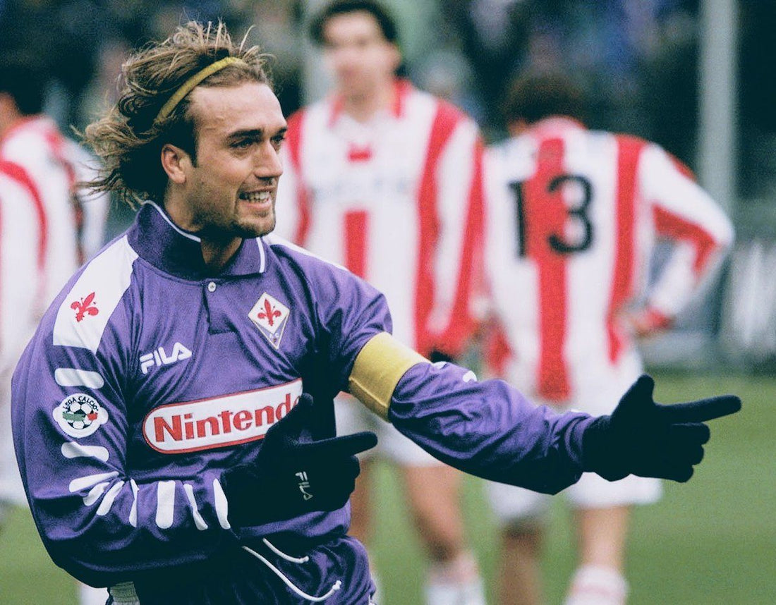 Gabriel Batistuta in the iconic purple Fiorentina jersey — vintage football shirt collector's item