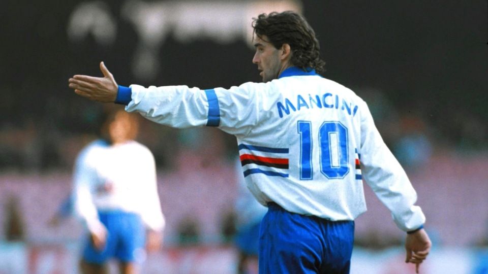 Roberto Mancini in the iconic Sampdoria blue jersey — vintage Italian football shirt collector's piece