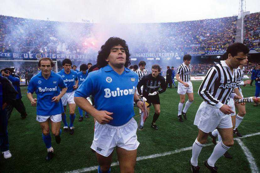 Maradona wearing Napoli 1988-89 vintage home jersey — authentic light blue Serie A shirt from the Maradona era