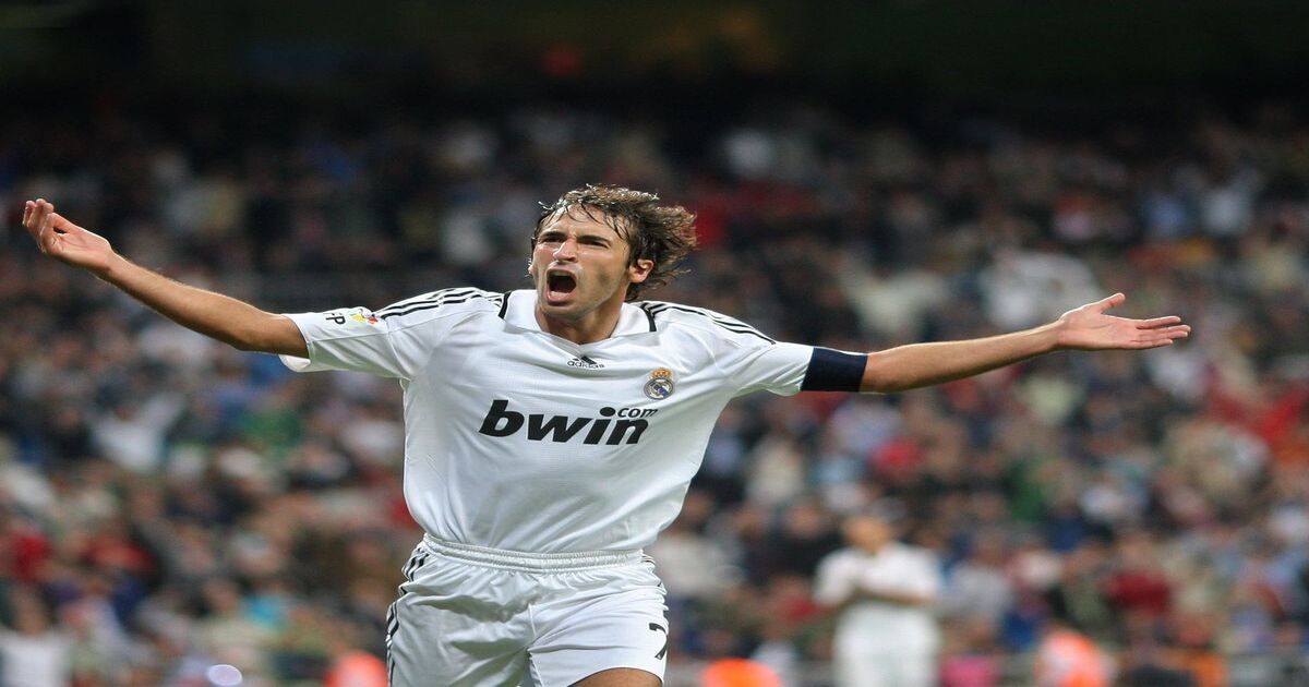 Raúl González Blanco wearing the vintage Real Madrid white jersey — authentic high-quality replica available at Vintage Football Shop