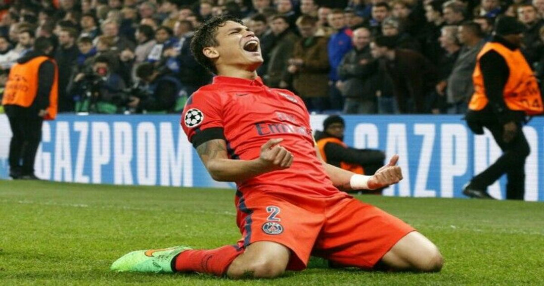 Thiago Silva celebrating in a Chelsea football jersey