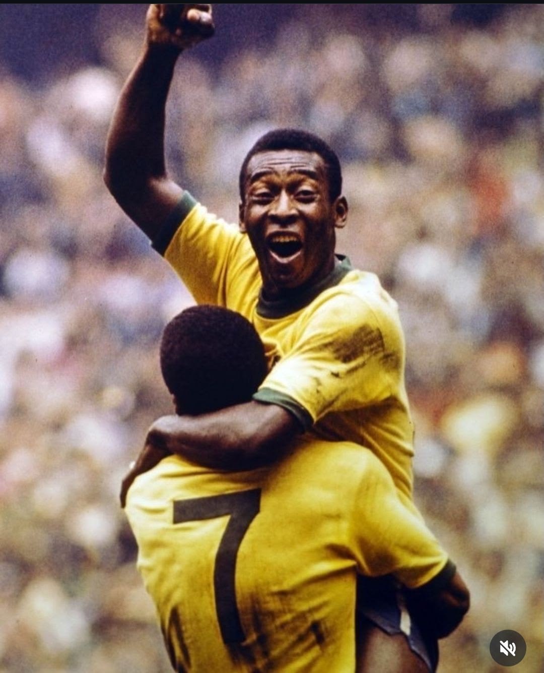 Pelé in yellow jersey celebrating on a field with a crowd in the background